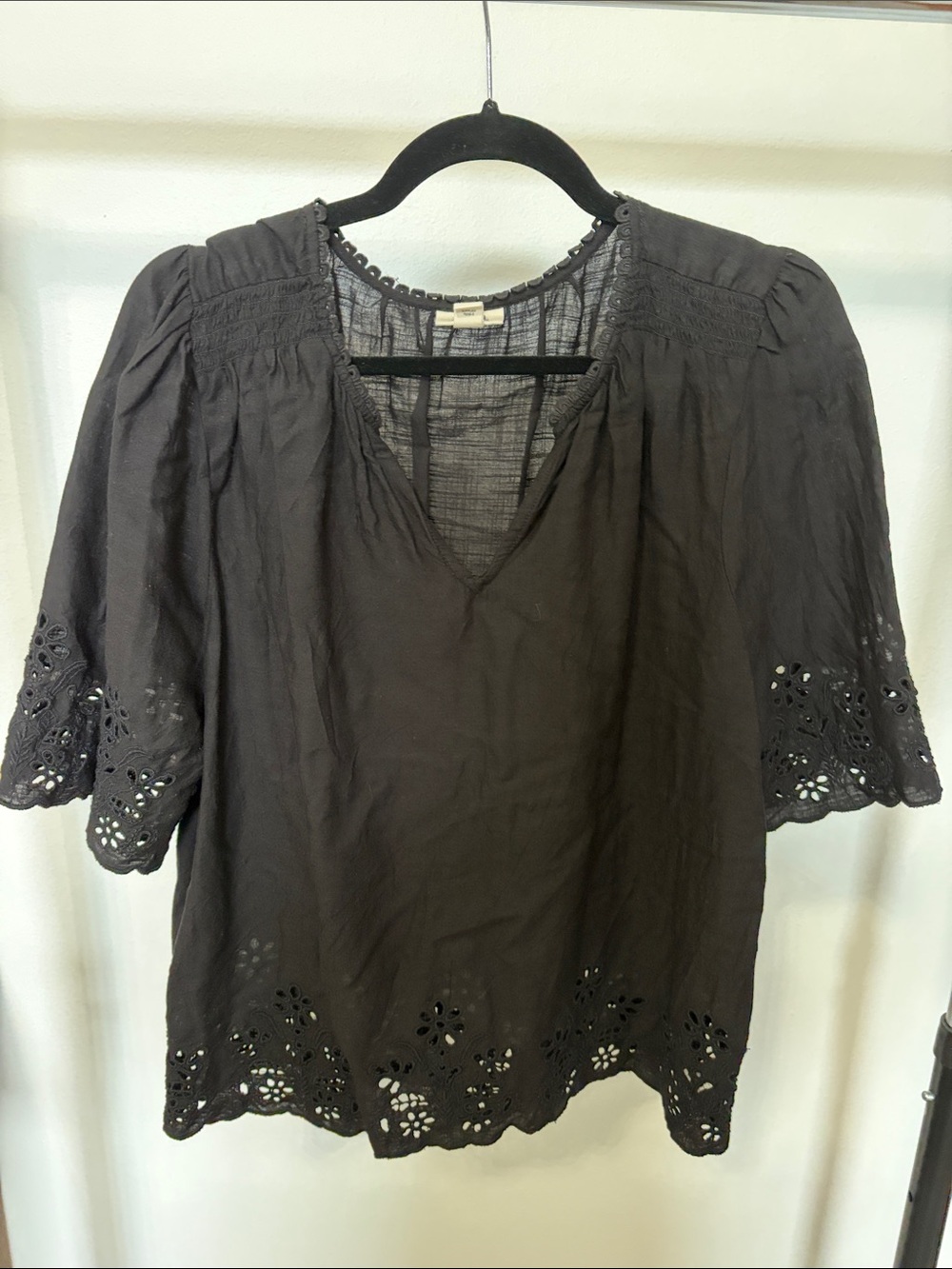 a.n.a Black Eyelet Hem Peasant Blouse